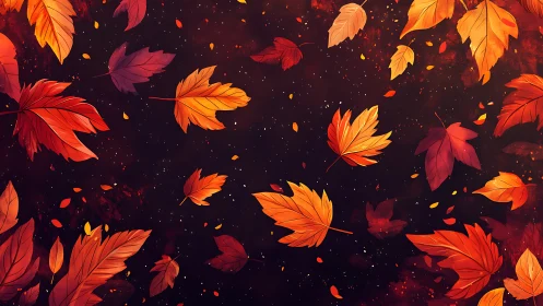 Autumn foliage scatter with glowing orange maple leaves on nebula field