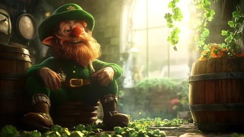 Leprechaun resting in volumetric clover-lit tavern corner.