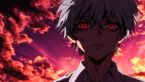 White-haired anime boy with red eyes stands in burning sky