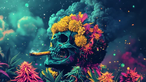 Psychedelic skull portrait with neon flowers and smoke.