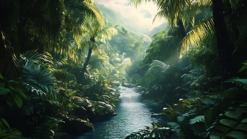 Tropical River Canyon Illuminated by Golden Sunlight.