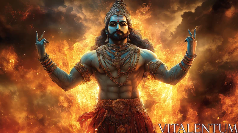Divine blue-skinned deity rises amid blazing inferno