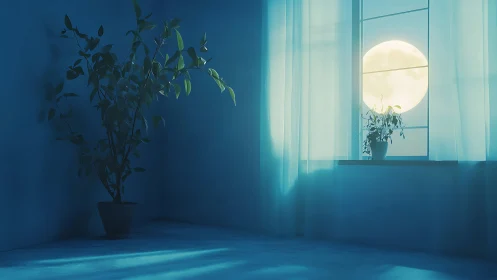 Moonlit houseplants quietly rehearse a private sea of blue
