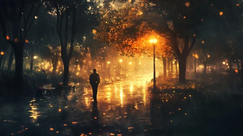Lone figure crossing rain soaked park under amber lamps.