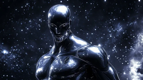 Chrome humanoid figure reflects deep cosmic starfield.