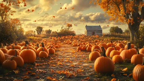 Golden pumpkins glow along a rustic path at autumn sunset