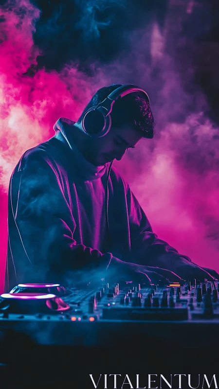 Focused DJ mixes beats in neon fog and vibrant club light