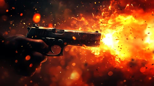 Handgun firing explosive impact blast. Dark dramatic.
