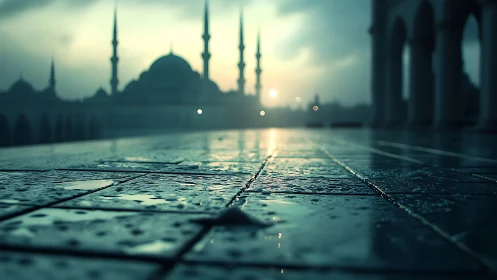 Soft sunrise light glows over wet mosque courtyard tiles