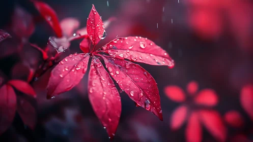 Macro study of red leaves with raindrops and shallow depth of field