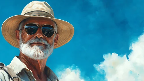 Sunlit aviator-portrait with polarized reflections and cumulus sky.