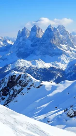 Photorealistic alpine massif with layered snowbound ridges.