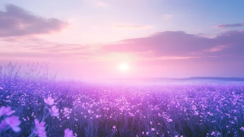 Pastel dawn illuminates expansive lavender wildflower meadow