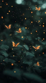 Orange butterflies move through dark foliage with glowing light