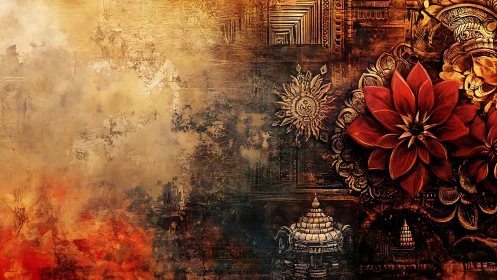 Red floral mandala contrasts with ornate bronze temple forms.