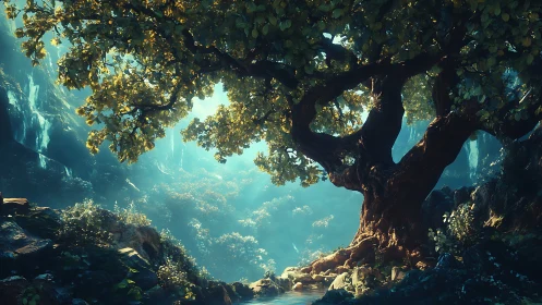 Ancient Tree Cavern with Turquoise Light.