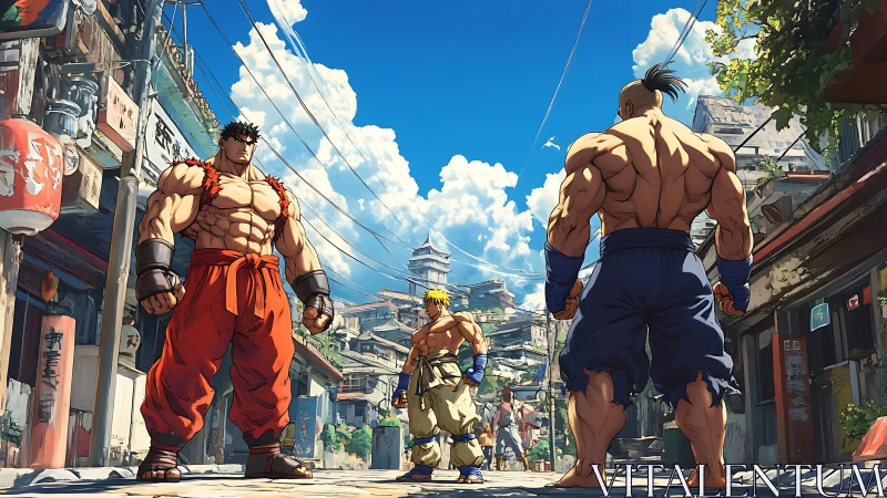 Sunlit street showdown between three determined fighters.