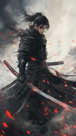 Dark armored samurai warrior holding dual katanas in smoke.