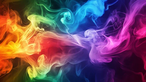 Multicolored vaporous forms across dark gradient background.