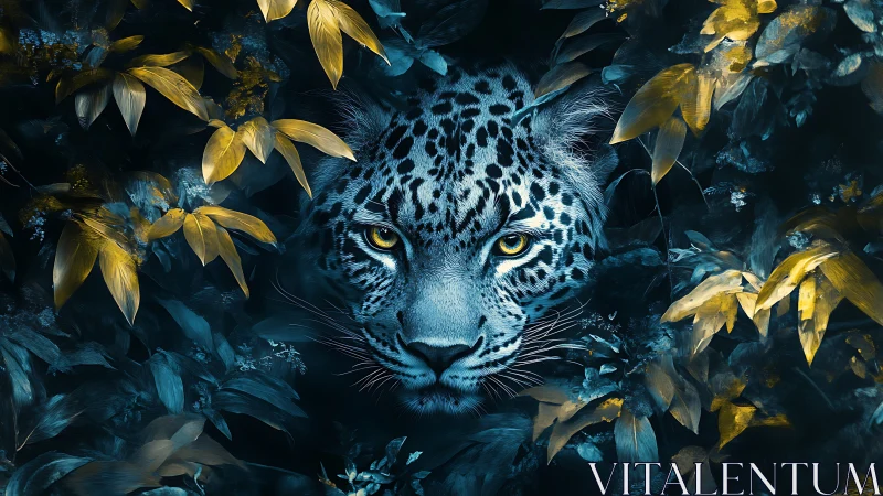 Blue Leopard Eyes Gleam Through Golden Autumn Foliage