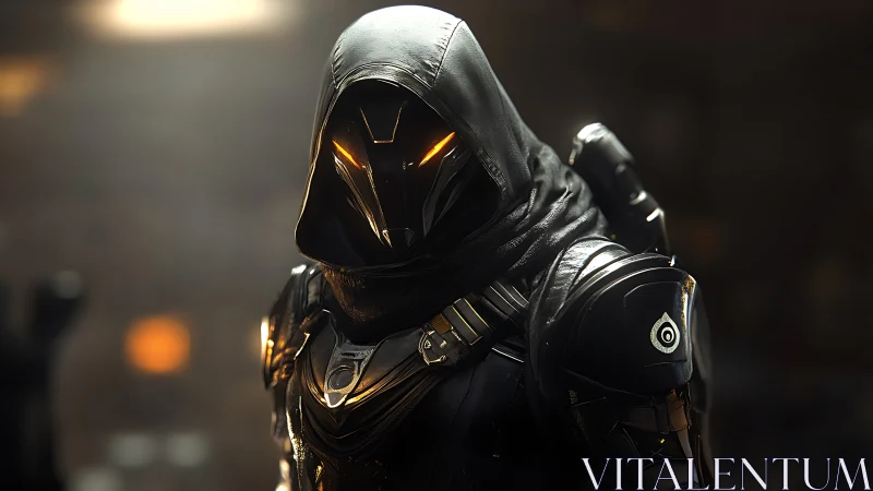 Hooded armored sci fi assassin with glowing visor in foggy light.