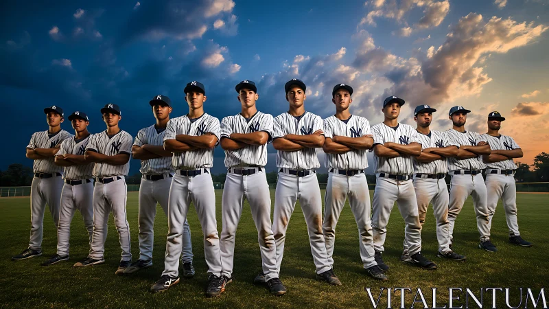 Confident baseball team standing united at sunset on field.