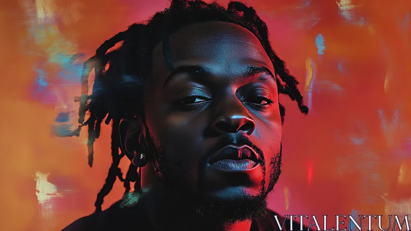 Moody digital portrait with vivid orange abstract backdrop.