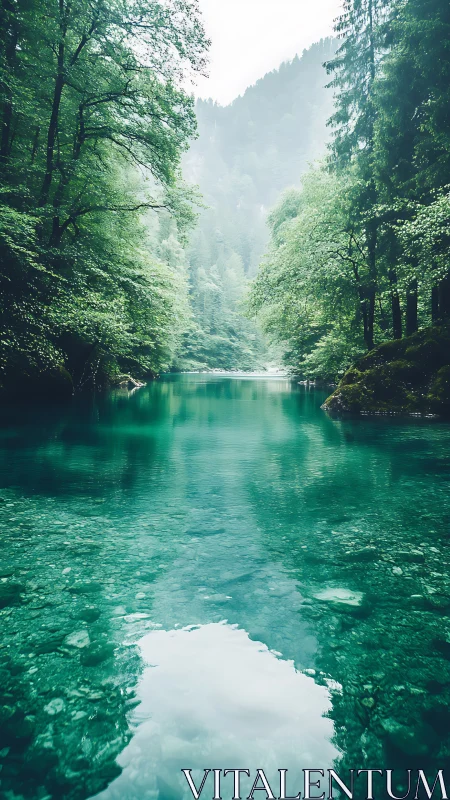 Emerald forest lake lies in misty mountain tranquility.