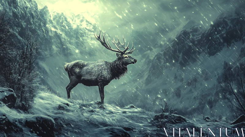 Storm‑crowned stag guarding a moonlit glacier pass.