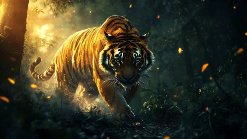 Stalking tiger moves through glowing embers in shadowed jungle