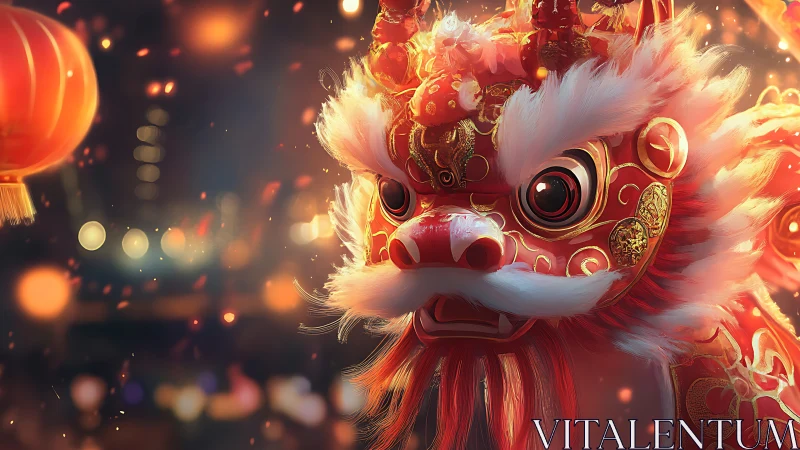 Vibrant Chinese dragon head glows in festive lantern light