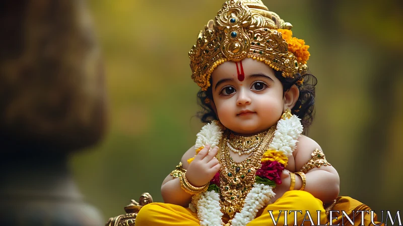 Divine child portrait in golden temple attire and florals.