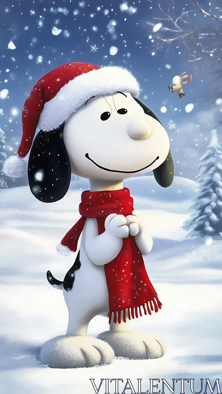 Snowy holiday dog in red scarf under gentle winter sky.