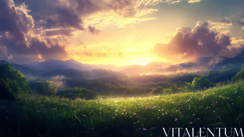 Backlit mountain meadow under volumetric sunset clouds and haze