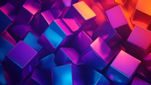 Luminous neon cubes collide in a vibrant abstract grid.