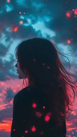 Twilight dreamer outlined in neon embers beneath stormy skies.