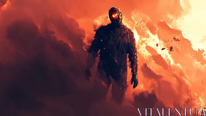 Molten fire figure emerges through burning storm clouds.