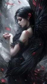 Dark winged angel with red petals in misty forest.