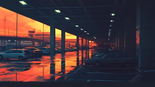 Rain-soaked parking deck reflects neon sunset horizon