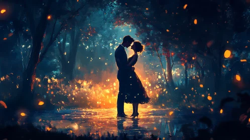 Couple embracing in forest glow. Romance surrounded by golden particles.