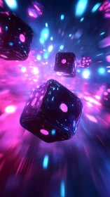 Neon glass dice in kinetic 3D perspective with light trails.