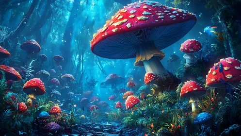 Giant red mushrooms dominate a glowing blue forest path.