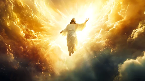 Radiant figure rising through golden clouds of light and hope.