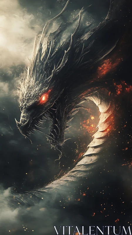 Volcanic dragon rendered in high-contrast, ember-lit chiaroscuro curling