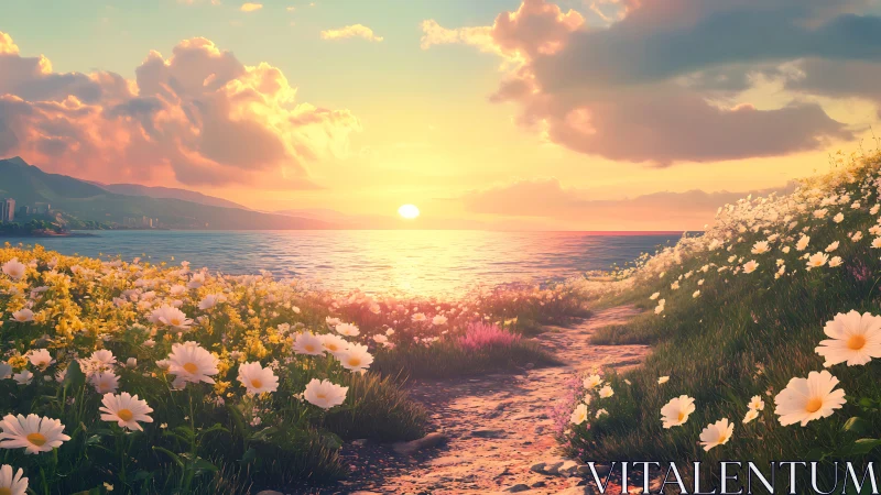 Sunset over coastal flower path with calm reflective sea.