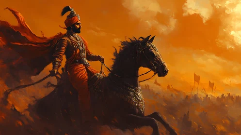 Turbaned cavalry commander in orange dusk battlefield charge.