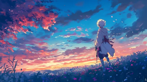 Lone wanderer under blazing twilight horizon skyscape.