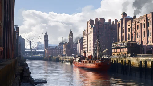 Industrial canal cityscape with red ship and brick warehouses.