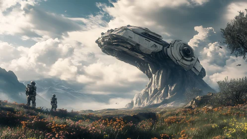 Futuristic starship structure dominates alien grassland plain.