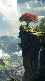 Solitary robed figure stands beneath crimson tree on high cliff